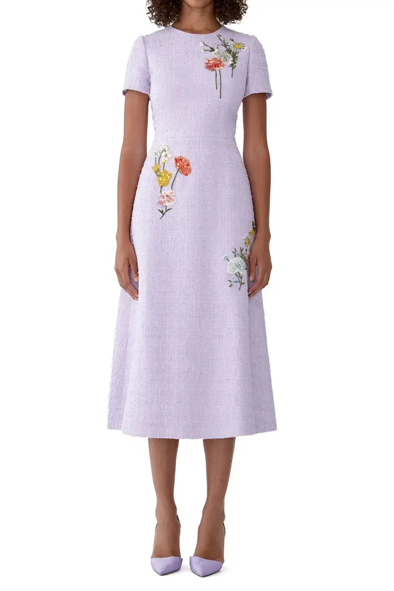 Carolina Herrera Embroidered Floral Short Sleeve Midi Dress | Thumbnail 2