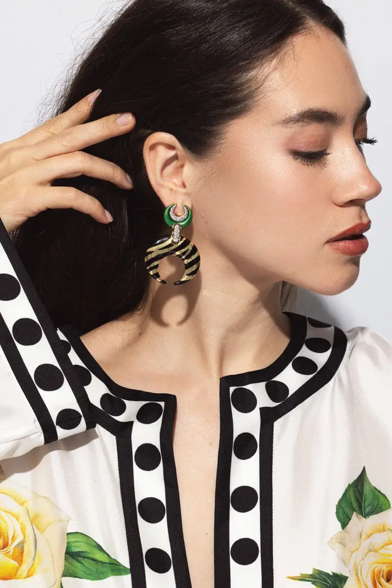 DAVID WEBB Diamond Tiger Stripe Crescent Enamel Earrings | Thumbnail 2