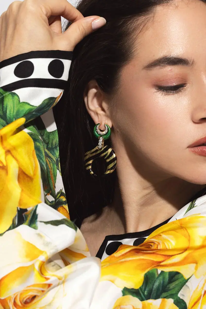 DAVID WEBB Diamond Tiger Stripe Crescent Enamel Earrings | Thumbnail 3