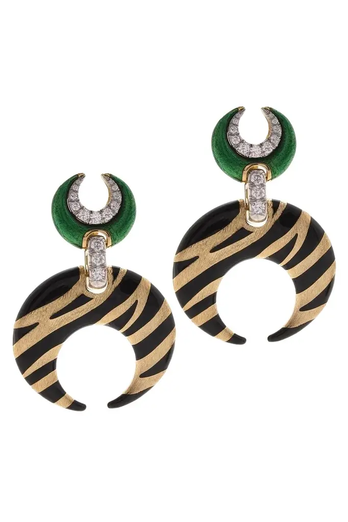 DAVID WEBB Diamond Tiger Stripe Crescent Enamel Earrings