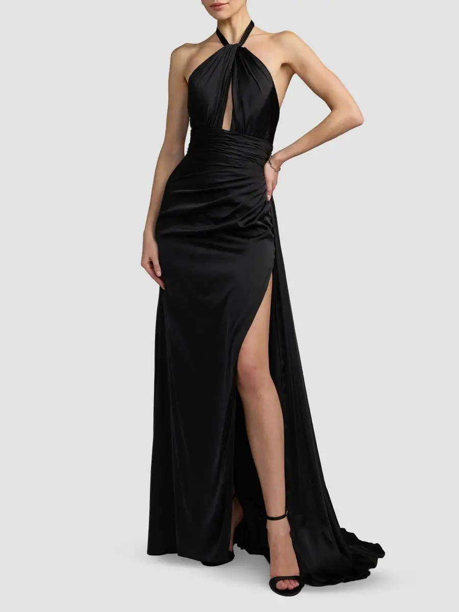 Mac Duggal Women's Satin Side-Slit Halter Gown | Thumbnail 2 Mac Duggal Women's Satin Side-Slit Halter Gown | Thumbnail 2