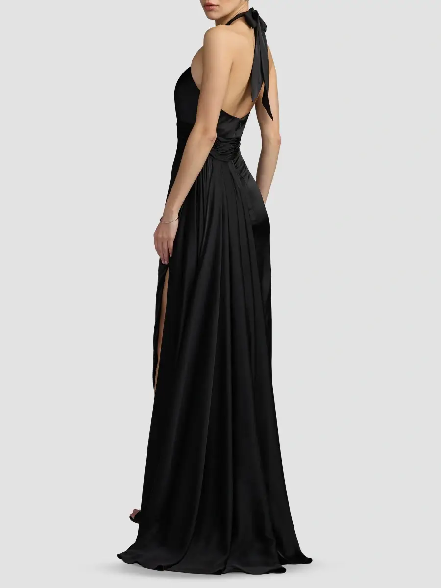 Mac Duggal Women's Satin Side-Slit Halter Gown | Thumbnail 3 Mac Duggal Women's Satin Side-Slit Halter Gown | Thumbnail 3