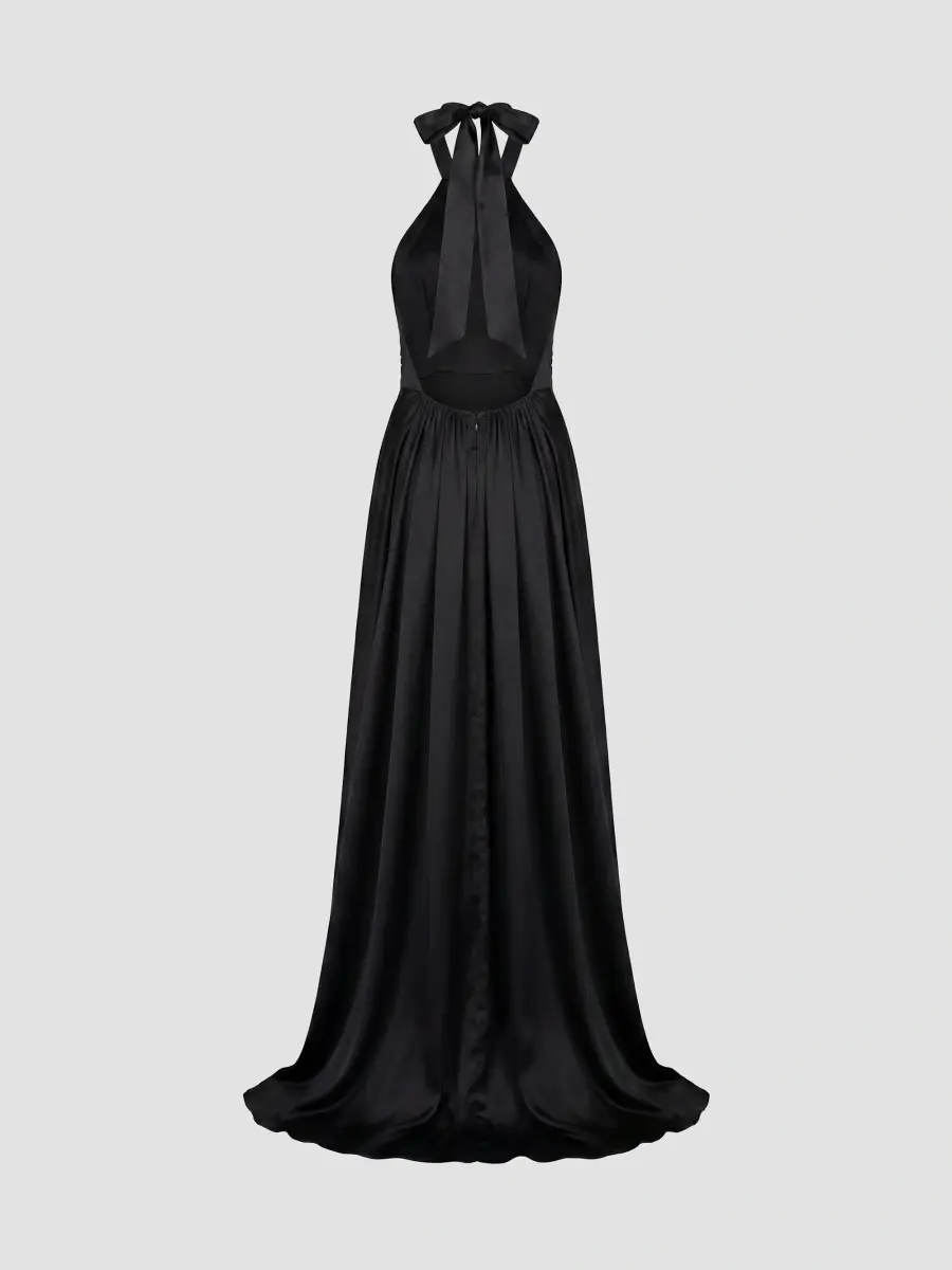 Mac Duggal Women's Satin Side-Slit Halter Gown | Thumbnail 5 Mac Duggal Women's Satin Side-Slit Halter Gown | Thumbnail 5