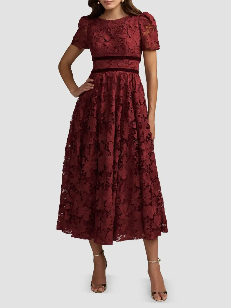 Mac Duggal Women's Floral Lace Velvet-Trim Midi Dress | Thumbnail 2 Mac Duggal Women's Floral Lace Velvet-Trim Midi Dress | Thumbnail 2