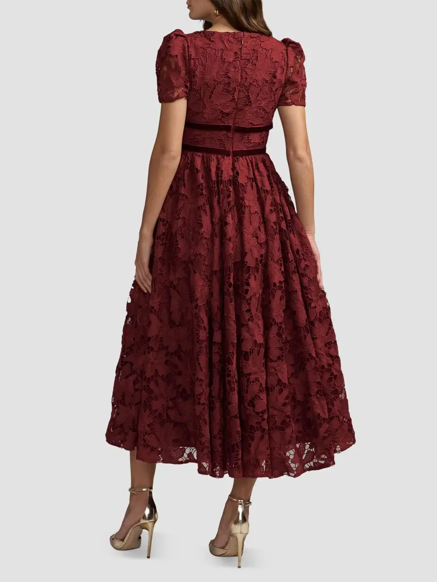 Mac Duggal Women's Floral Lace Velvet-Trim Midi Dress | Thumbnail 3 Mac Duggal Women's Floral Lace Velvet-Trim Midi Dress | Thumbnail 3