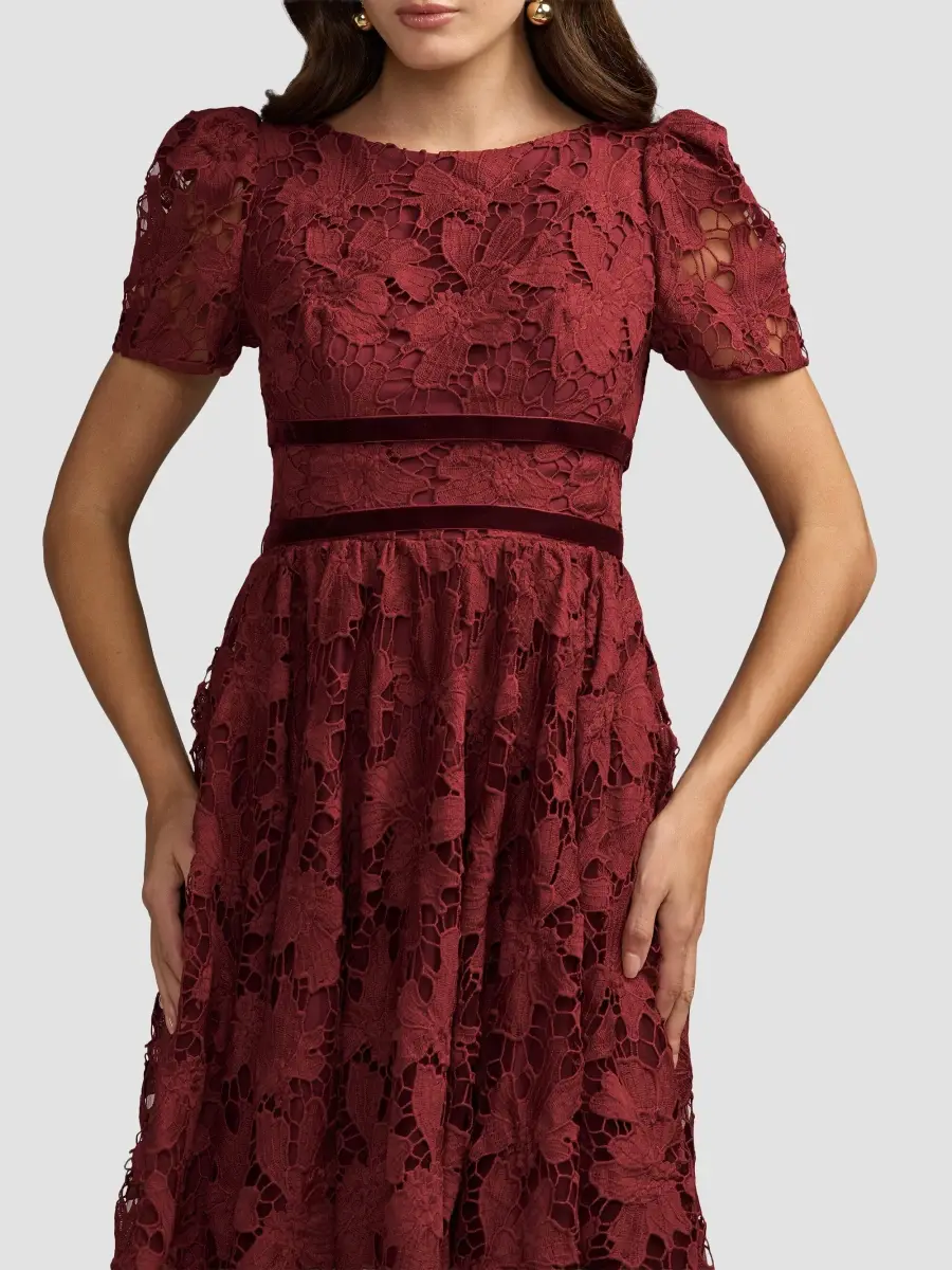 Mac Duggal Women's Floral Lace Velvet-Trim Midi Dress | Thumbnail 4 Mac Duggal Women's Floral Lace Velvet-Trim Midi Dress | Thumbnail 4