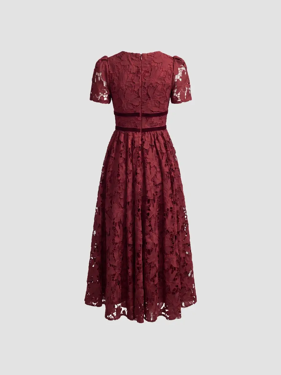 Mac Duggal Women's Floral Lace Velvet-Trim Midi Dress | Thumbnail 5 Mac Duggal Women's Floral Lace Velvet-Trim Midi Dress | Thumbnail 5