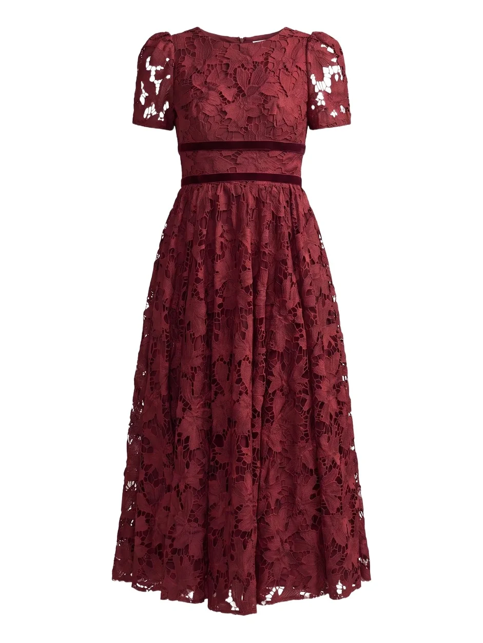 Mac Duggal Women's Floral Lace Velvet-Trim Midi Dress