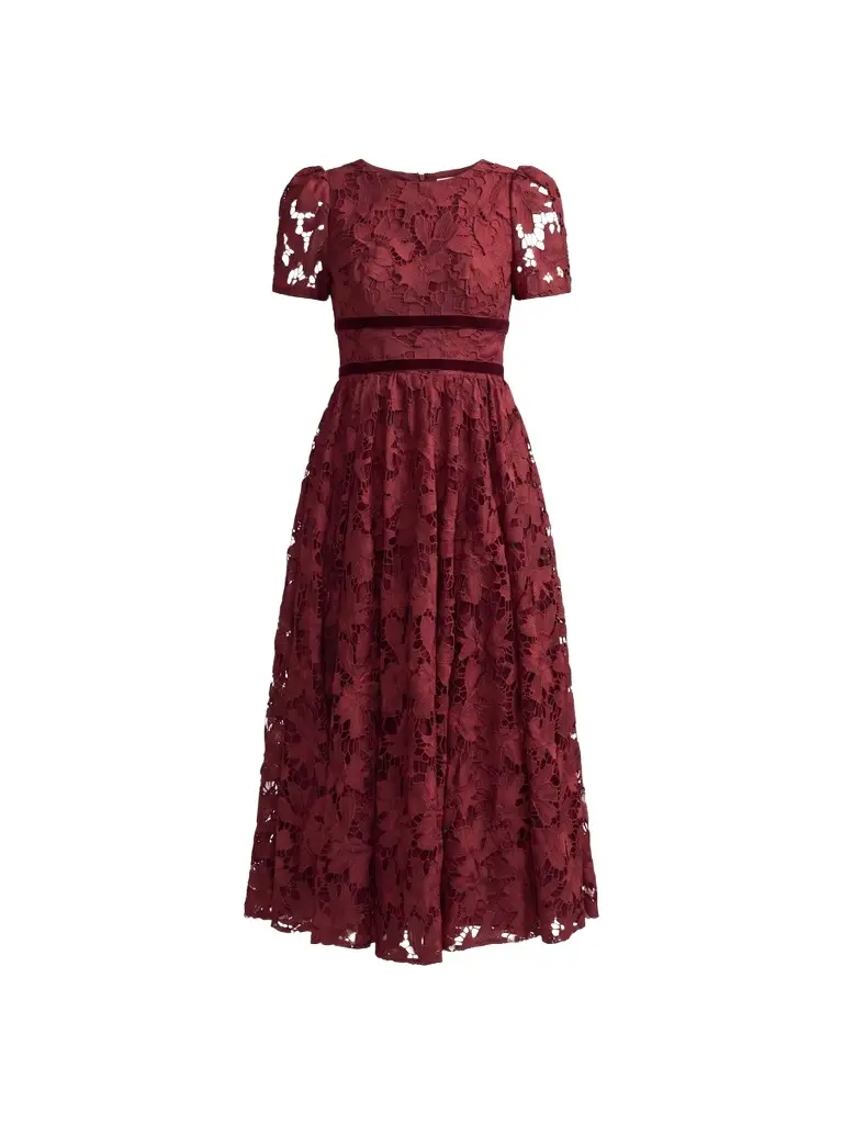 Women's Floral Lace Velvet-Trim Midi Dress Women's Floral Lace Velvet-Trim Midi Dress