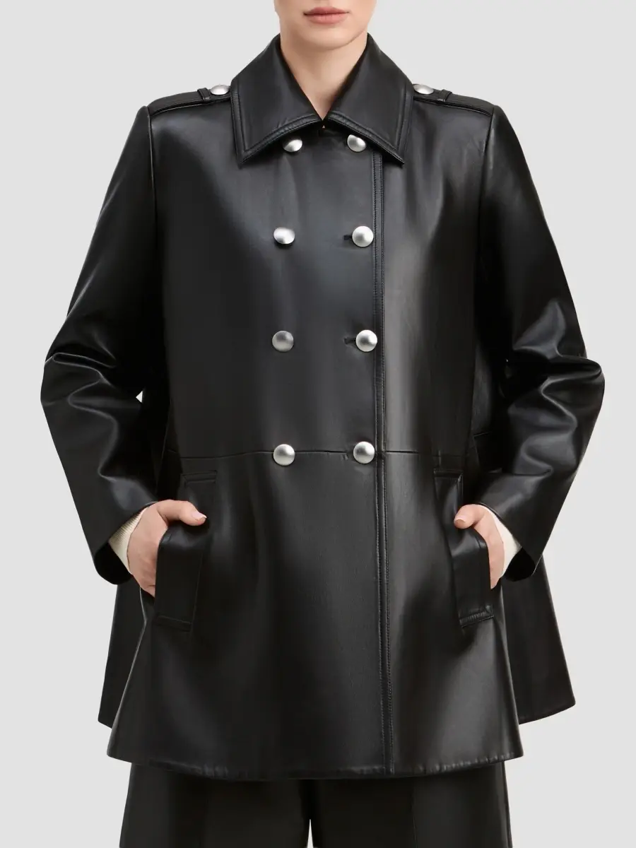 Derek Alexander Women's Juniper Leather Double-Breasted Swing Coat | Thumbnail 4 Derek Alexander Women's Juniper Leather Double-Breasted Swing Coat | Thumbnail 4