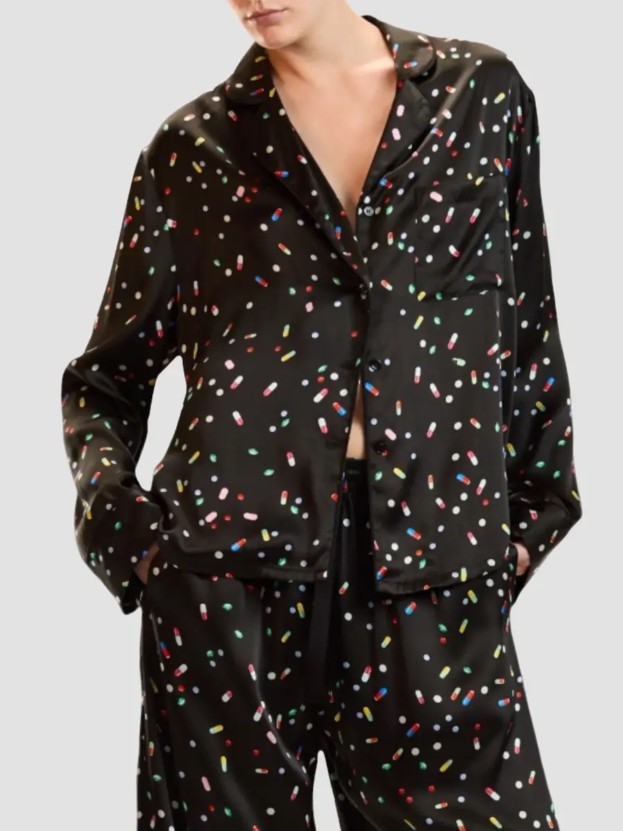 CYNTHIA ROWLEY Women's Pill Print Silk Button-Front Pajama Shirt | Thumbnail 4