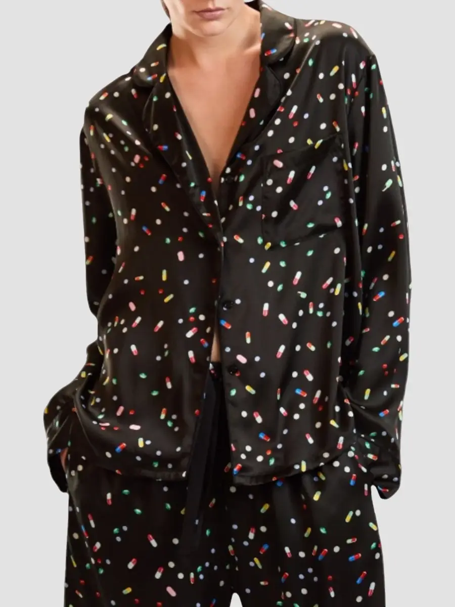 CYNTHIA ROWLEY Women's Pill Print Silk Button-Front Pajama Shirt | Thumbnail 5