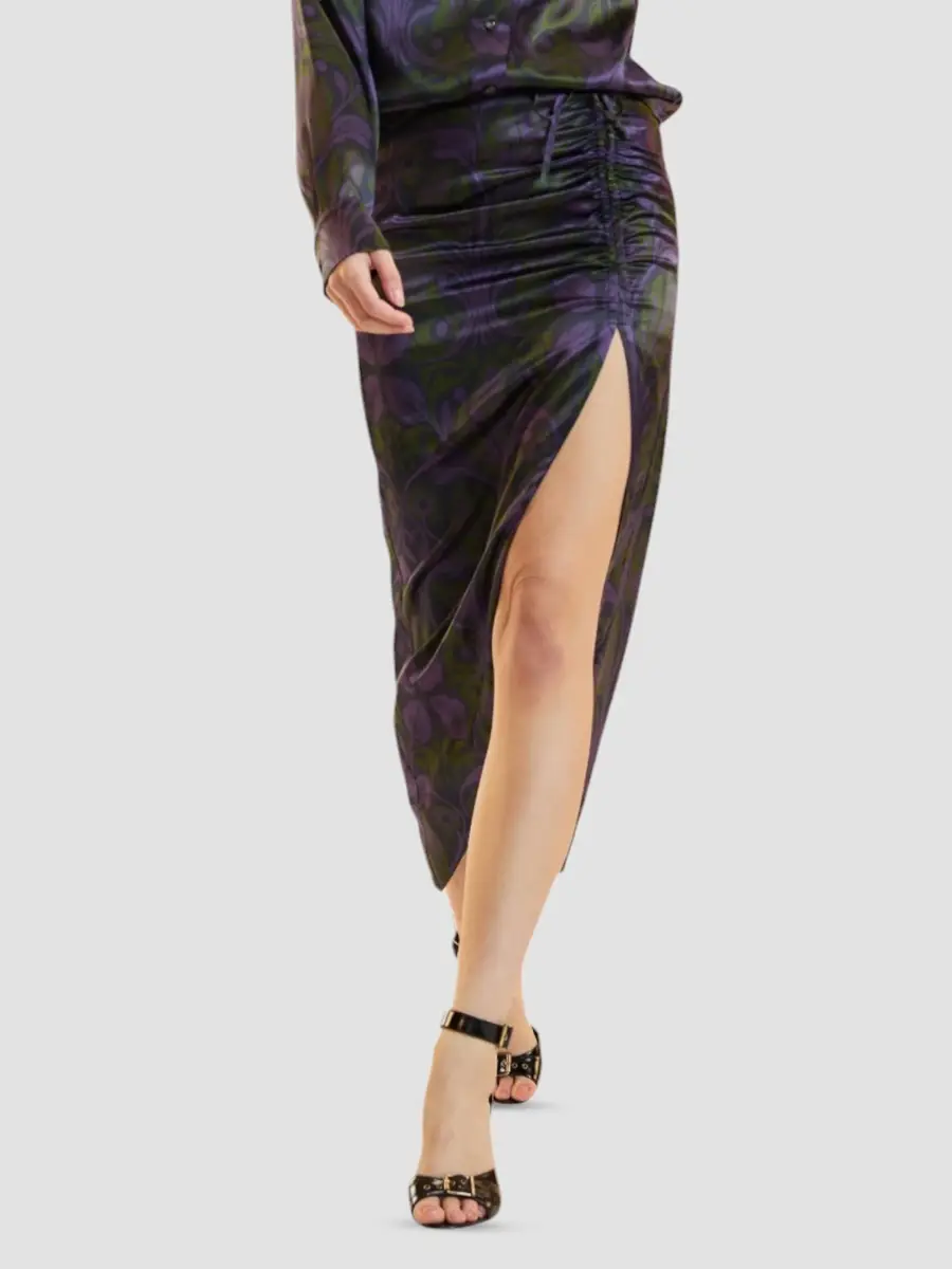 CYNTHIA ROWLEY Women's Siren Printed Silk Ruched Midi Skirt | Thumbnail 4