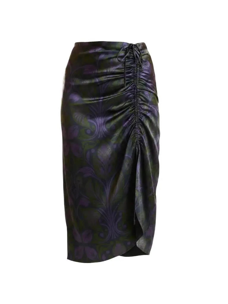 CYNTHIA ROWLEY Women's Siren Printed Silk Ruched Midi Skirt