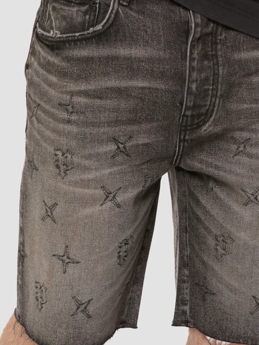 Purple Brand Men's Embroidered Washed-Denim Mid-Rise Shorts | Thumbnail 4 Purple Brand Men's Embroidered Washed-Denim Mid-Rise Shorts | Thumbnail 4