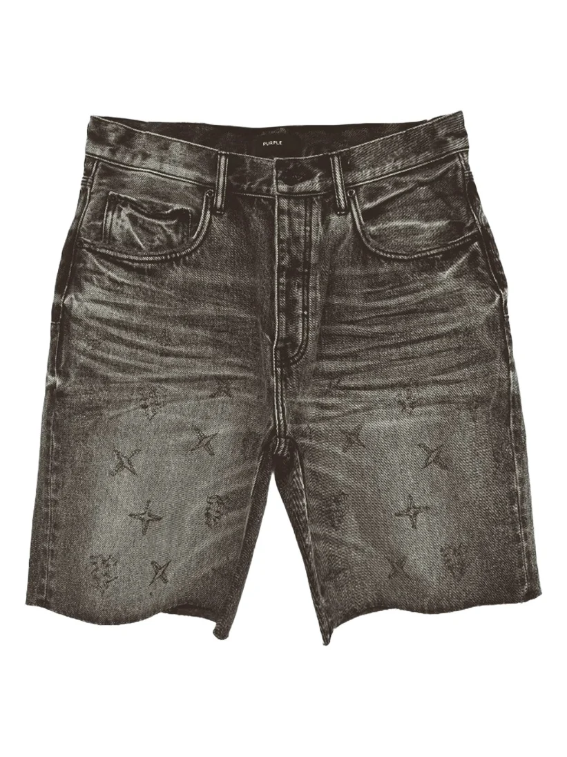 Men's Embroidered Washed-Denim Mid-Rise Shorts Men's Embroidered Washed-Denim Mid-Rise Shorts