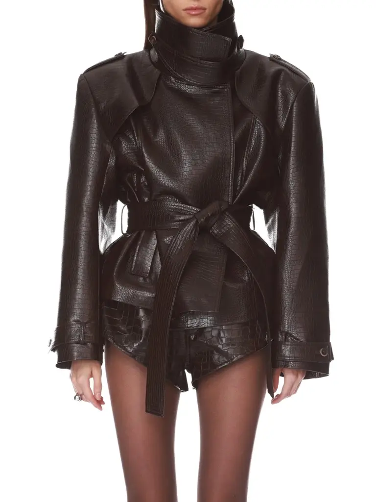 Women's Croc-Embossed Faux-Leather Belted Jacket Women's Croc-Embossed Faux-Leather Belted Jacket