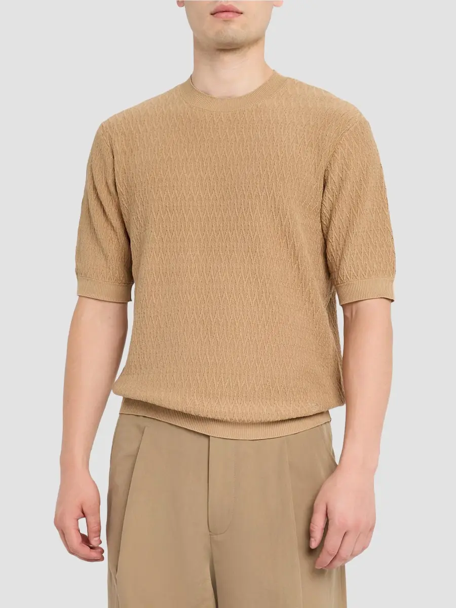 Emporio Armani Men's Tonal Wave Cotton Short-Sleeve Sweater | Thumbnail 4 Emporio Armani Men's Tonal Wave Cotton Short-Sleeve Sweater | Thumbnail 4
