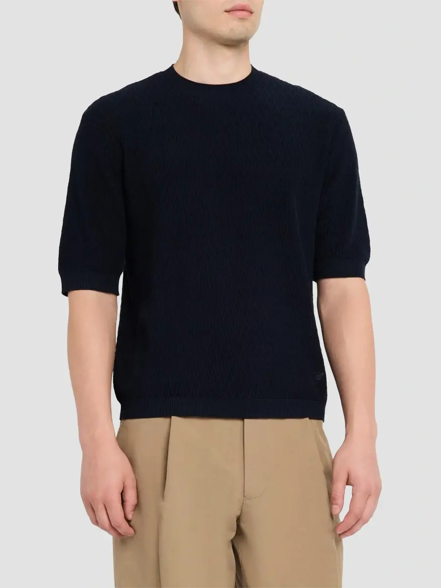 Emporio Armani Men's Tonal Wave Cotton Short-Sleeve Sweater | Thumbnail 4 Emporio Armani Men's Tonal Wave Cotton Short-Sleeve Sweater | Thumbnail 4