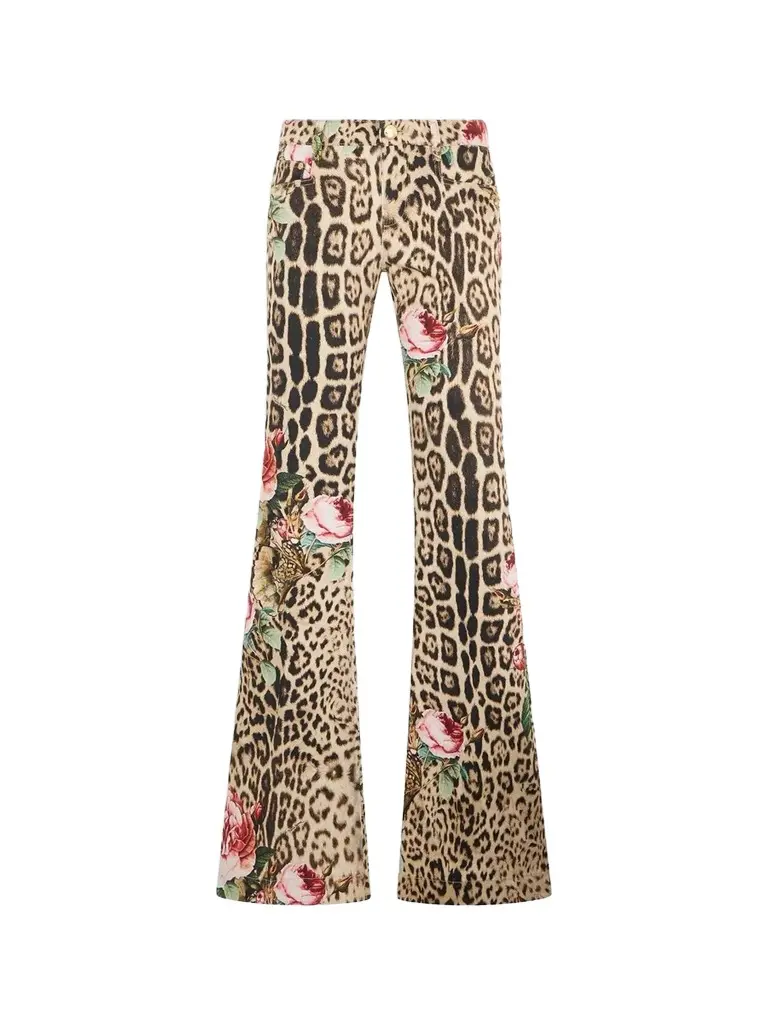 Women's Floral Cheetah-Print Low-Rise Flare Trousers Women's Floral Cheetah-Print Low-Rise Flare Trousers