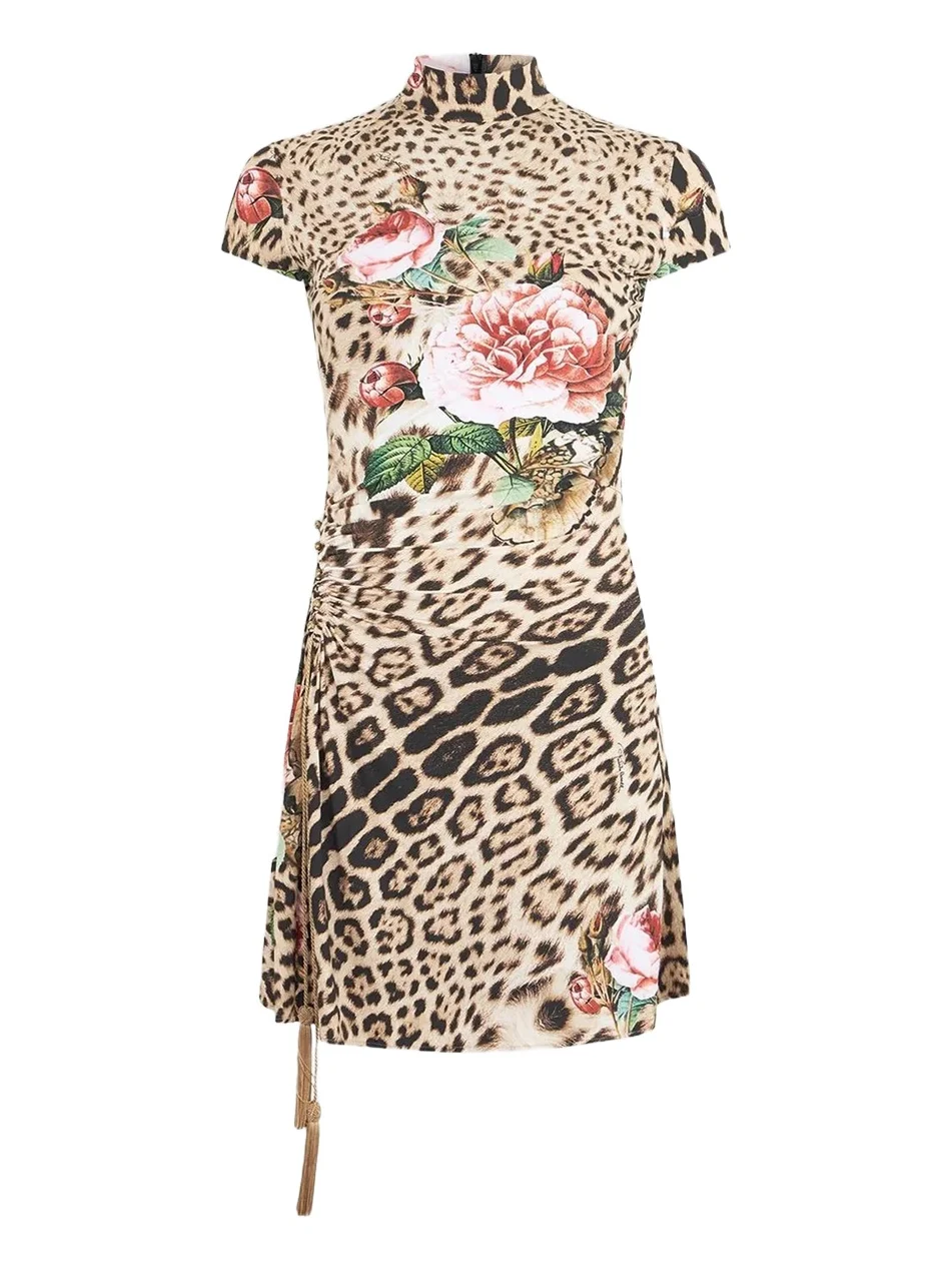 Roberto Cavalli Women's Floral Cheetah-Print Mock Turtleneck Mini Dress
