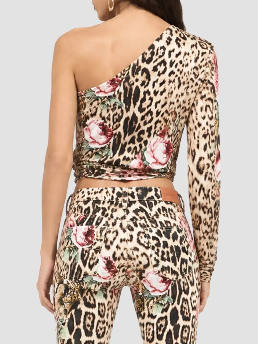 Roberto Cavalli Women's Floral Cheetah-Print One-Sleeve Blouse | Thumbnail 3 Roberto Cavalli Women's Floral Cheetah-Print One-Sleeve Blouse | Thumbnail 3