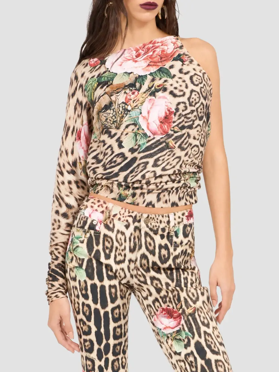 Roberto Cavalli Women's Floral Cheetah-Print One-Sleeve Blouse | Thumbnail 4 Roberto Cavalli Women's Floral Cheetah-Print One-Sleeve Blouse | Thumbnail 4