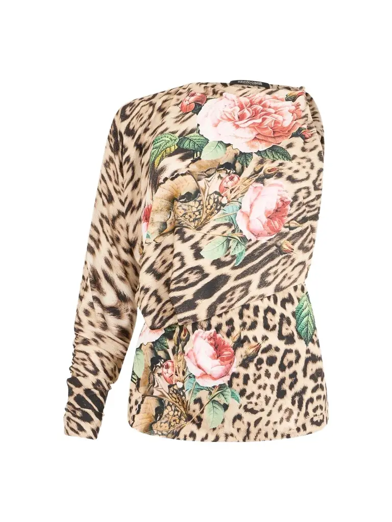 Women's Floral Cheetah-Print One-Sleeve Blouse Women's Floral Cheetah-Print One-Sleeve Blouse