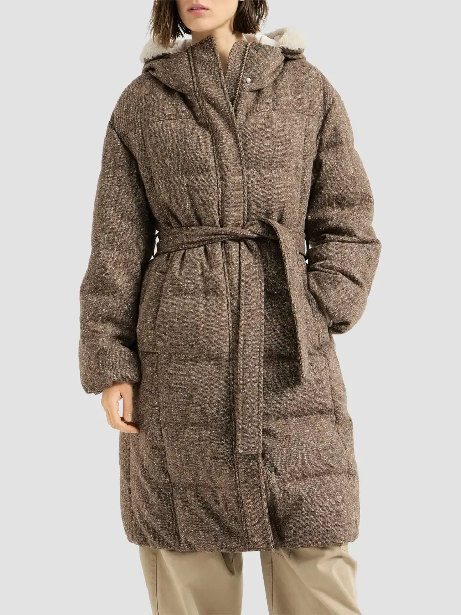 Brunello Cucinelli Women's Virgin Wool Donegal Down Coat with Shearling Inserts and Monili - Brown | Thumbnail 2 Brunello Cucinelli Women's Virgin Wool Donegal Down Coat with Shearling Inserts and Monili - Brown | Thumbnail 2