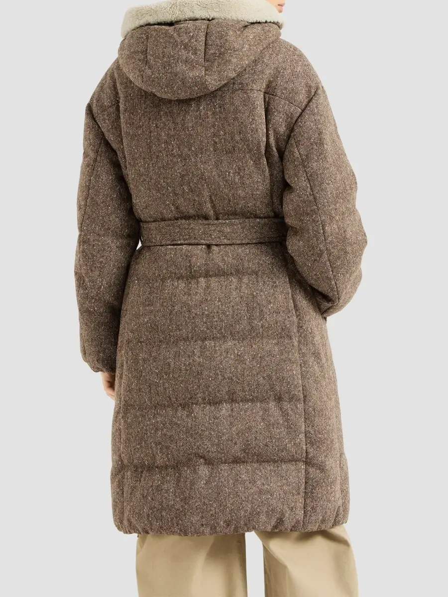 Brunello Cucinelli Women's Virgin Wool Donegal Down Coat with Shearling Inserts and Monili - Brown | Thumbnail 3 Brunello Cucinelli Women's Virgin Wool Donegal Down Coat with Shearling Inserts and Monili - Brown | Thumbnail 3