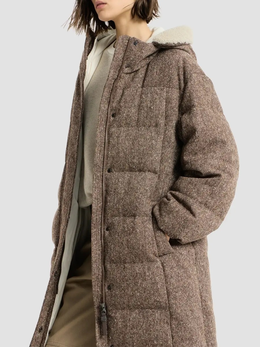 Brunello Cucinelli Women's Virgin Wool Donegal Down Coat with Shearling Inserts and Monili - Brown | Thumbnail 4 Brunello Cucinelli Women's Virgin Wool Donegal Down Coat with Shearling Inserts and Monili - Brown | Thumbnail 4