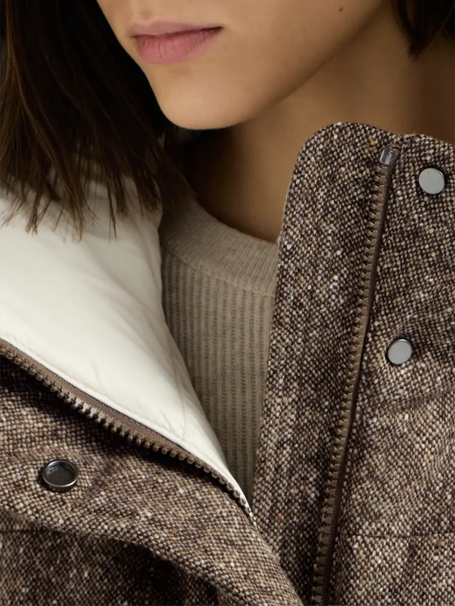Brunello Cucinelli Women's Virgin Wool Donegal Down Coat with Shearling Inserts and Monili - Brown | Thumbnail 5 Brunello Cucinelli Women's Virgin Wool Donegal Down Coat with Shearling Inserts and Monili - Brown | Thumbnail 5