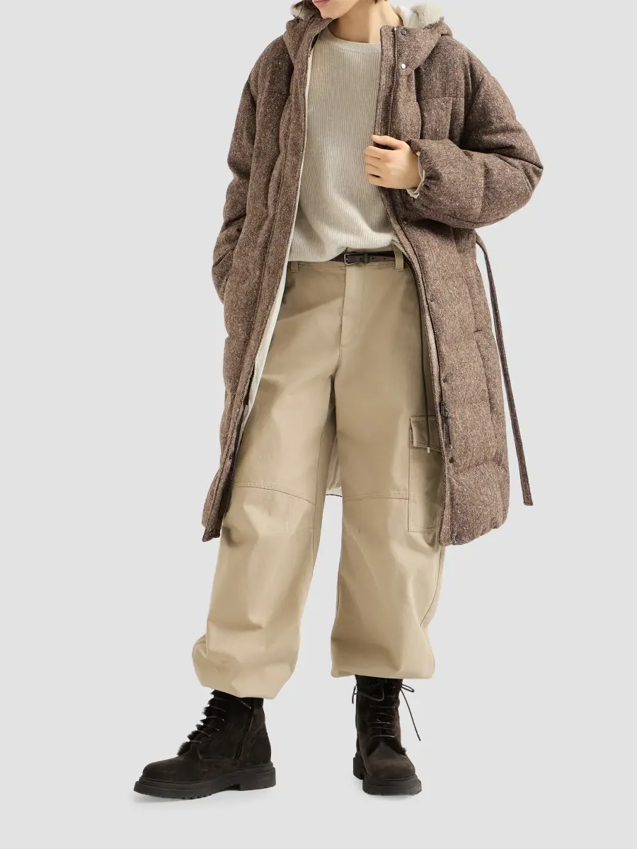 Brunello Cucinelli Women's Virgin Wool Donegal Down Coat with Shearling Inserts and Monili - Brown | Thumbnail 6 Brunello Cucinelli Women's Virgin Wool Donegal Down Coat with Shearling Inserts and Monili - Brown | Thumbnail 6