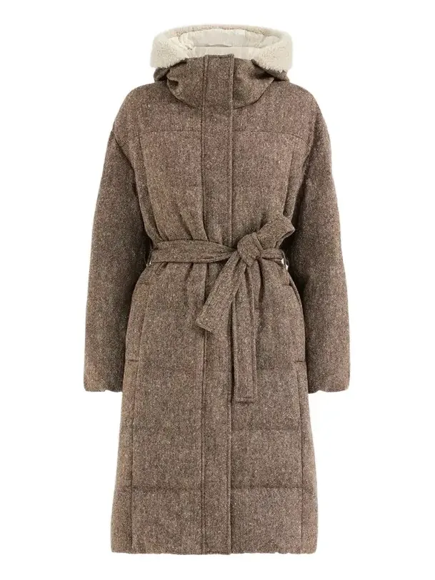 Women's Virgin Wool Donegal Down Coat with Shearling Inserts and Monili - Brown Women's Virgin Wool Donegal Down Coat with Shearling Inserts and Monili - Brown