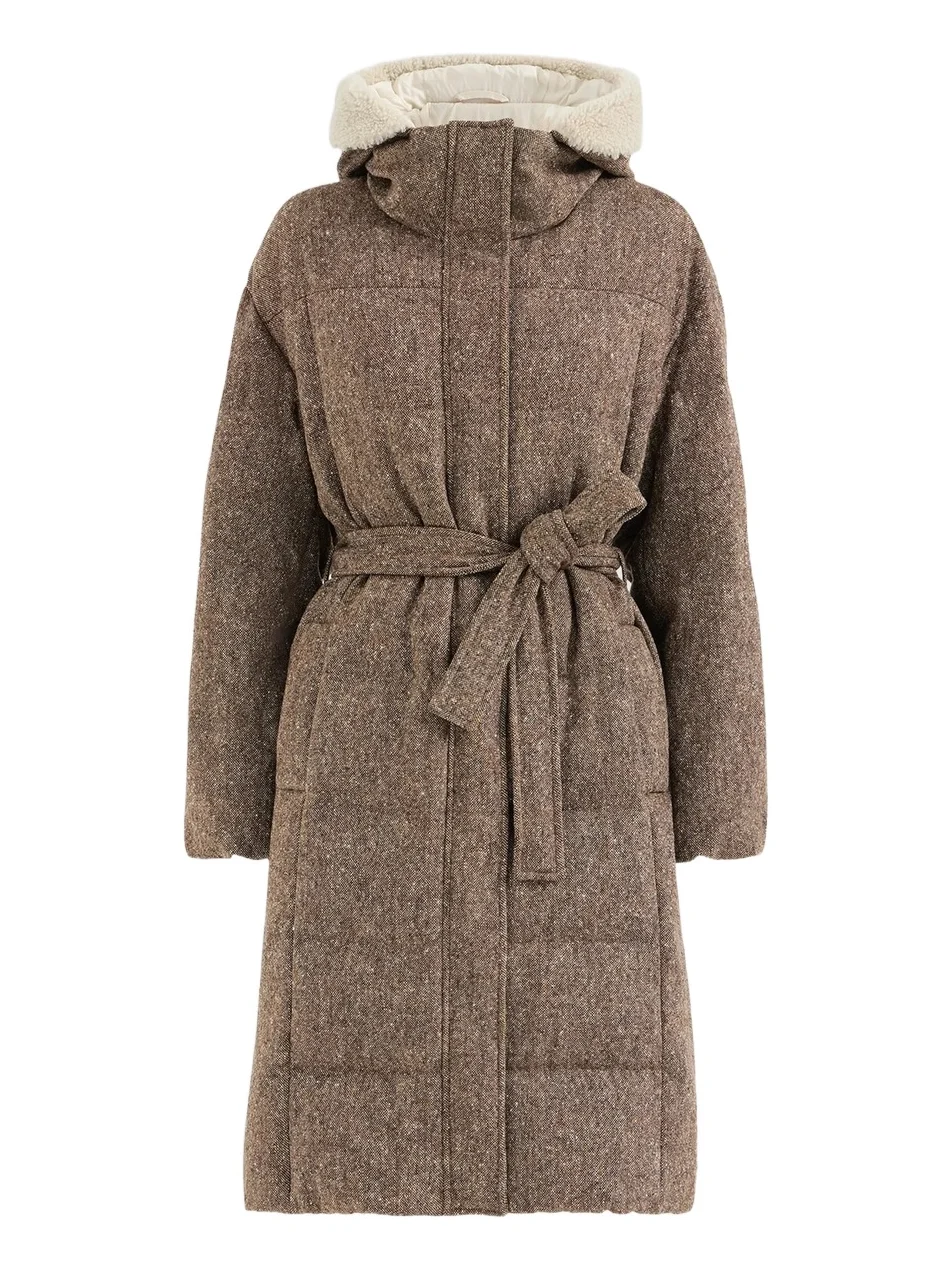 Women's Virgin Wool Donegal Down Coat with Shearling Inserts and Monili - Brown