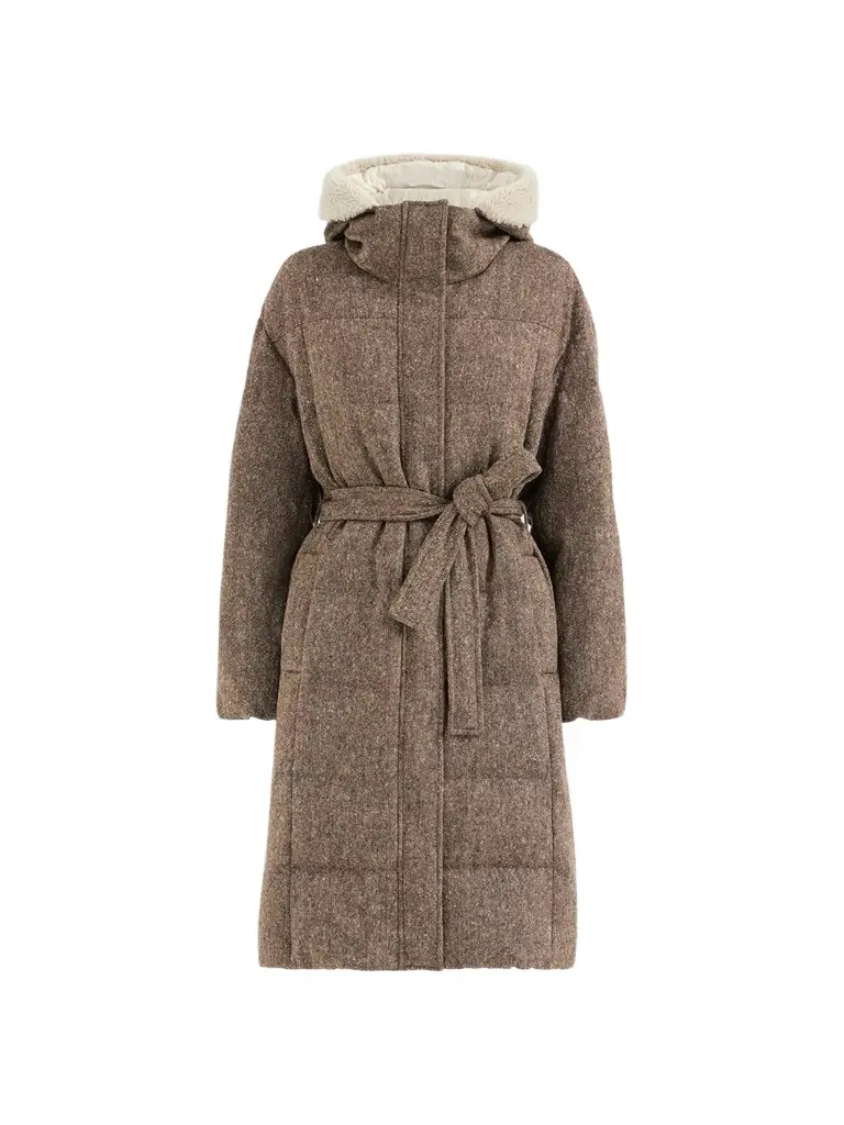 Women's Virgin Wool Donegal Down Coat with Shearling Inserts and Monili - Brown Women's Virgin Wool Donegal Down Coat with Shearling Inserts and Monili - Brown