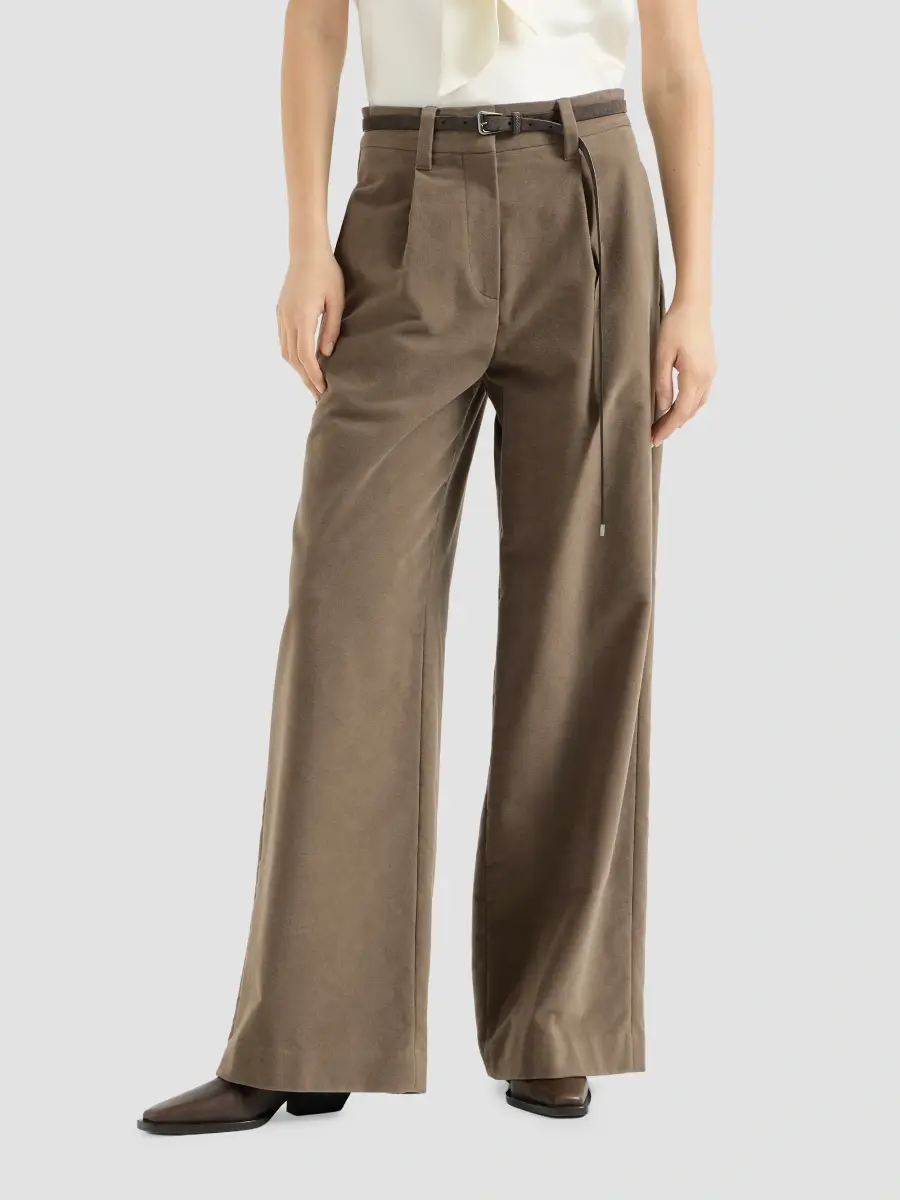 Brunello Cucinelli Women's Stretch Cotton Moleskin Loose Tailored Trousers with Monili - Brown | Thumbnail 2 Brunello Cucinelli Women's Stretch Cotton Moleskin Loose Tailored Trousers with Monili - Brown | Thumbnail 2