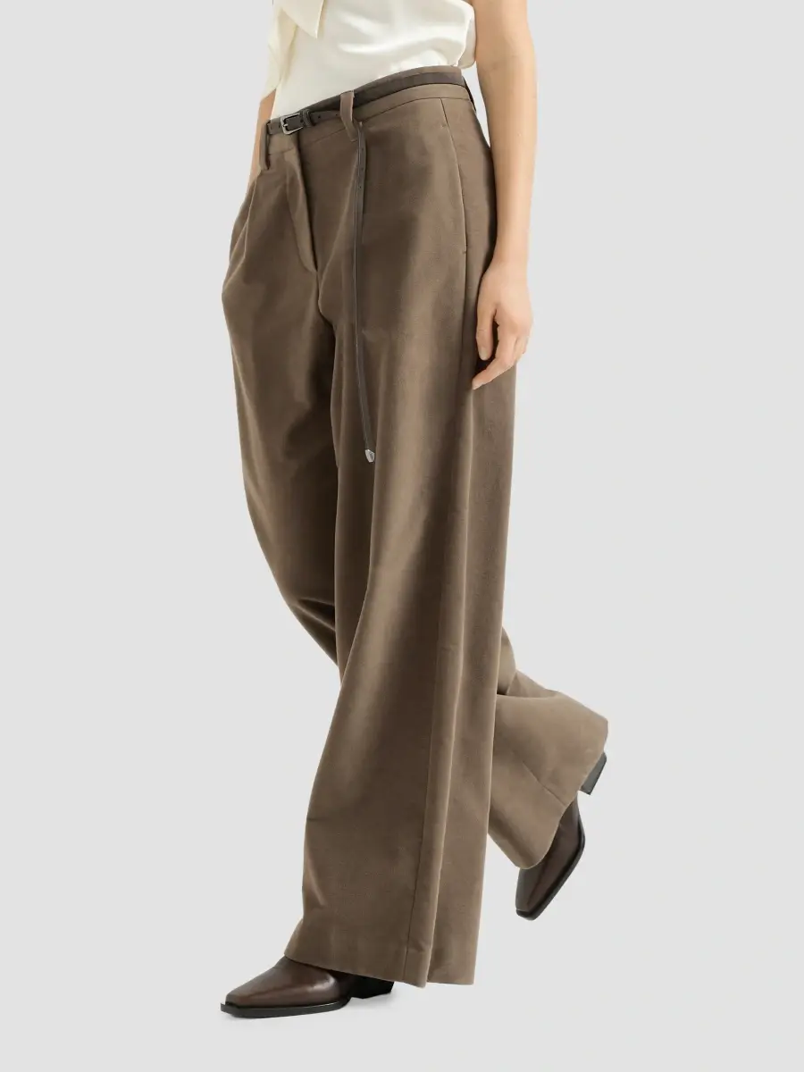 Brunello Cucinelli Women's Stretch Cotton Moleskin Loose Tailored Trousers with Monili - Brown | Thumbnail 3 Brunello Cucinelli Women's Stretch Cotton Moleskin Loose Tailored Trousers with Monili - Brown | Thumbnail 3