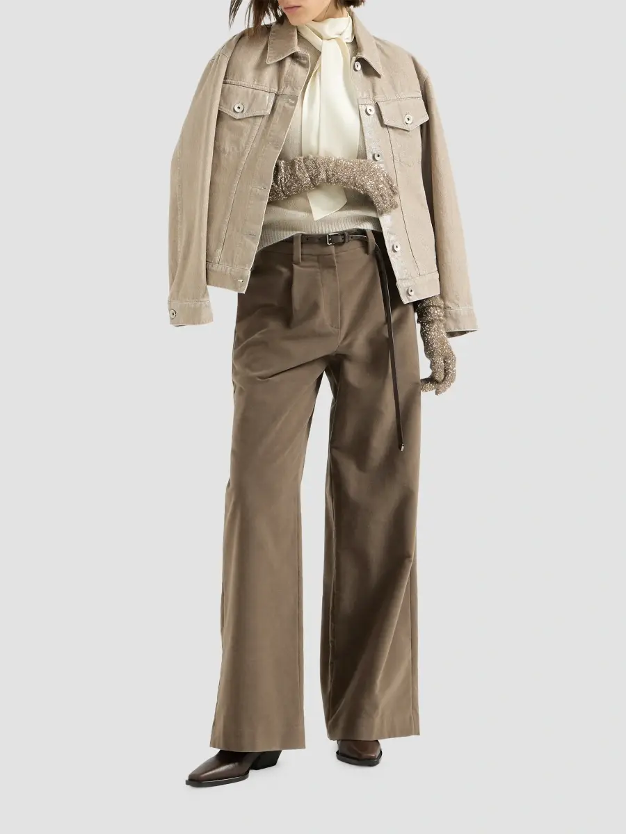 Brunello Cucinelli Women's Stretch Cotton Moleskin Loose Tailored Trousers with Monili - Brown | Thumbnail 6 Brunello Cucinelli Women's Stretch Cotton Moleskin Loose Tailored Trousers with Monili - Brown | Thumbnail 6