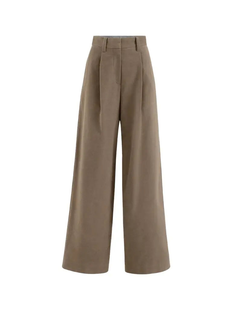 Brunello Cucinelli Women's Stretch Cotton Moleskin Loose Tailored Trousers with Monili - Brown