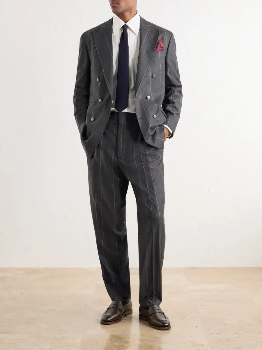 Brunello Cucinelli Double-Breasted Pinstriped Wool, Cashmere and Silk-Blend Flannel Suit Jacket - Men | Thumbnail 2 Brunello Cucinelli Double-Breasted Pinstriped Wool, Cashmere and Silk-Blend Flannel Suit Jacket - Men | Thumbnail 2