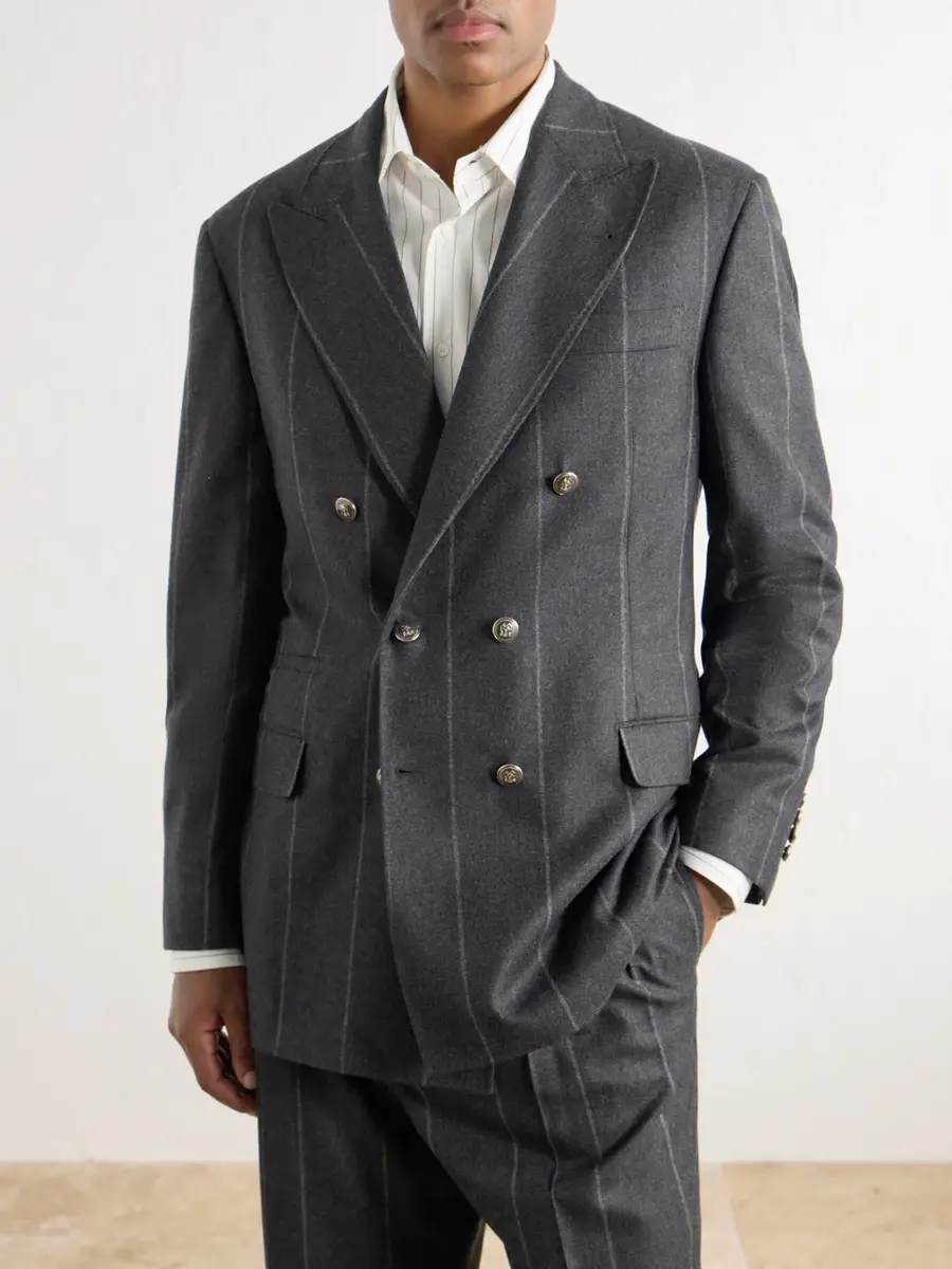 Brunello Cucinelli Double-Breasted Pinstriped Wool, Cashmere and Silk-Blend Flannel Suit Jacket - Men | Thumbnail 3 Brunello Cucinelli Double-Breasted Pinstriped Wool, Cashmere and Silk-Blend Flannel Suit Jacket - Men | Thumbnail 3