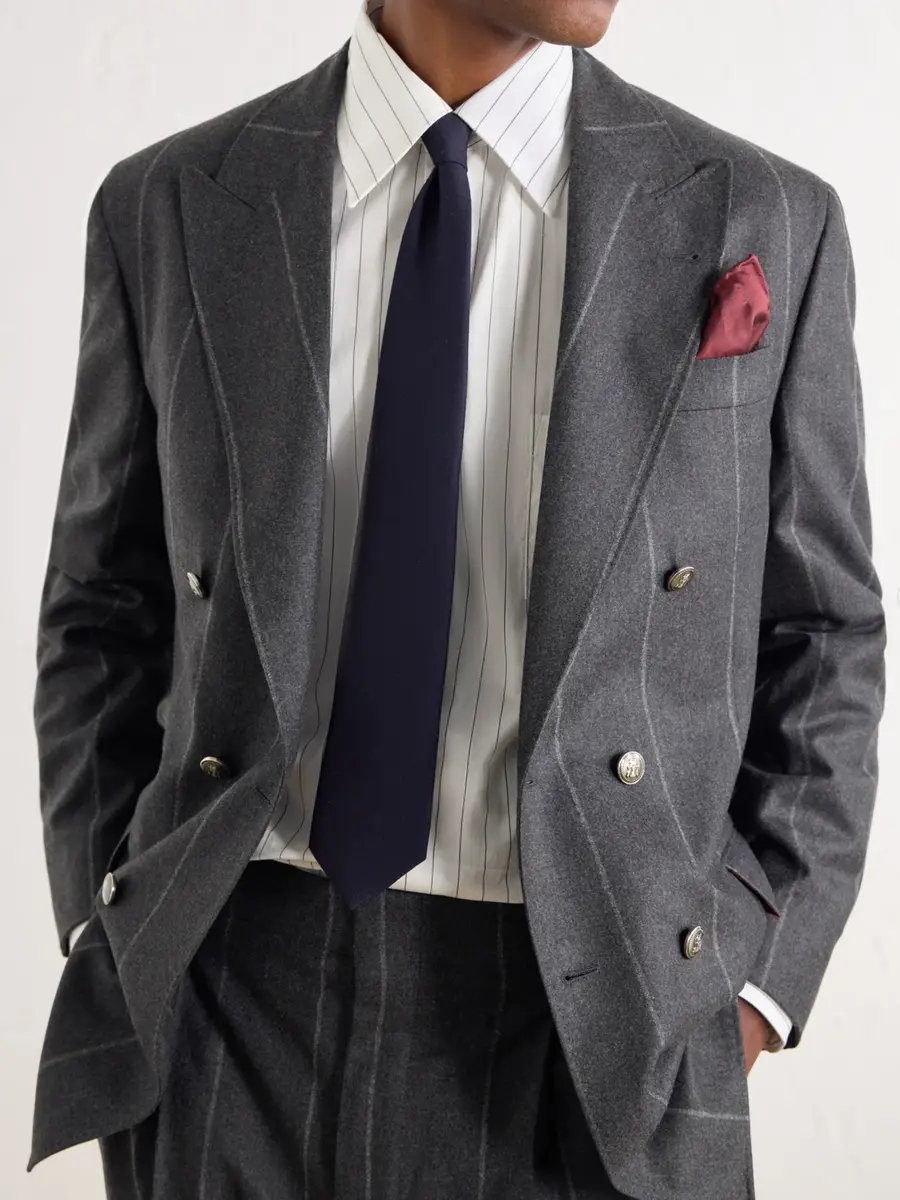 Brunello Cucinelli Double-Breasted Pinstriped Wool, Cashmere and Silk-Blend Flannel Suit Jacket - Men | Thumbnail 5 Brunello Cucinelli Double-Breasted Pinstriped Wool, Cashmere and Silk-Blend Flannel Suit Jacket - Men | Thumbnail 5