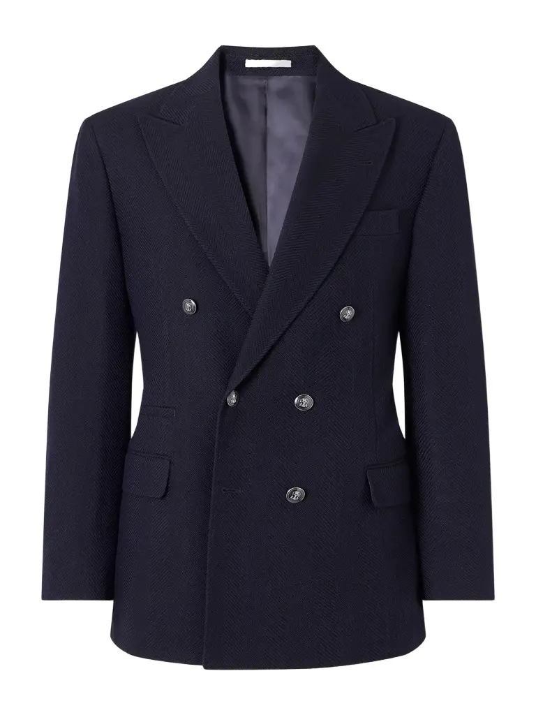 Double-Breasted Wool And Cotton-Blend Herringbone Suit Jacket - Men