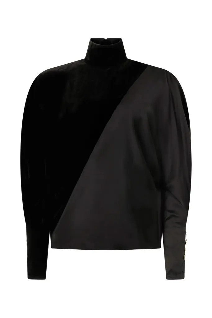 Velvet And Silk Satin Blouse With Jewel Buttons Velvet And Silk Satin Blouse With Jewel Buttons