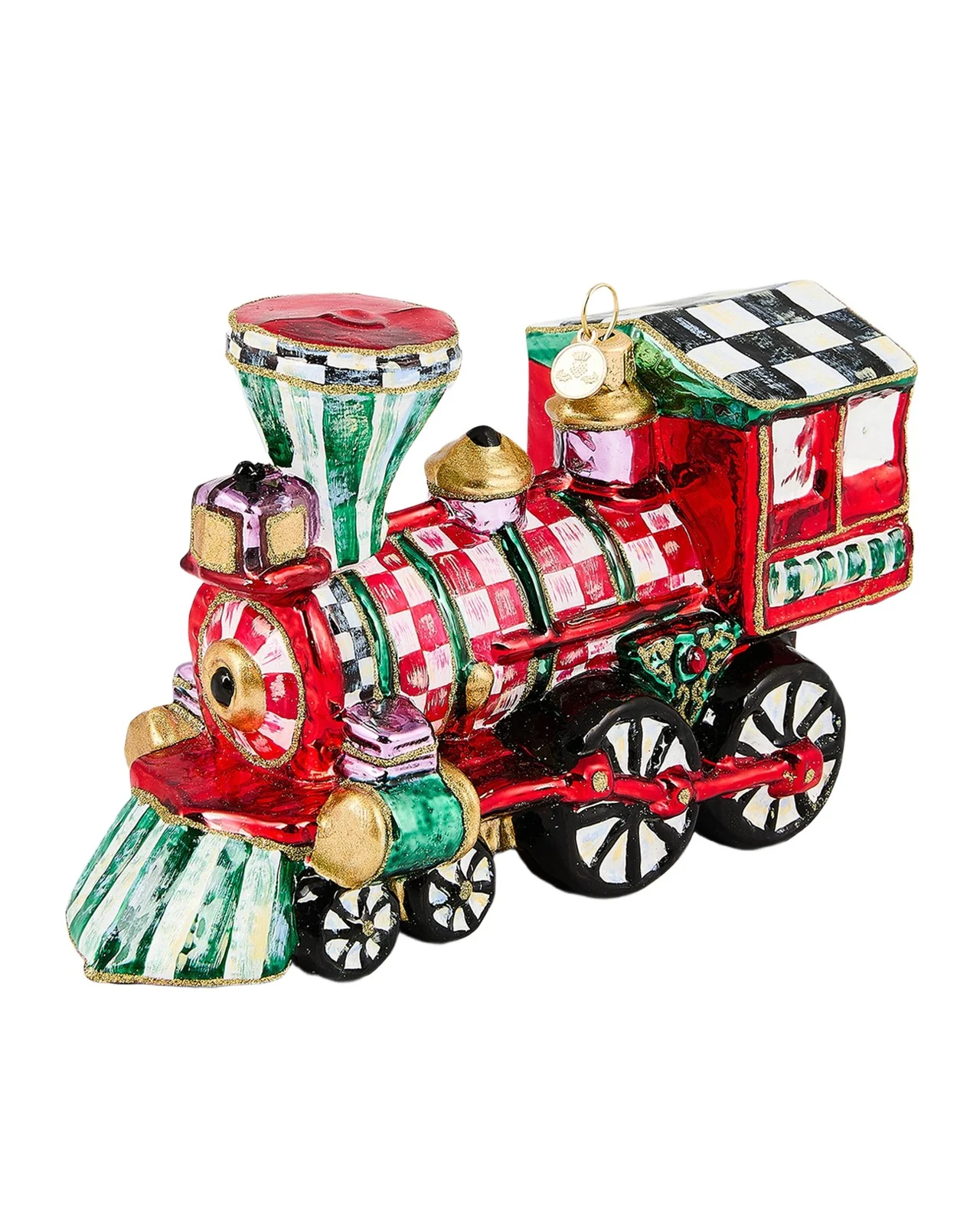MacKenzie-Childs Check It Out Train Glass Christmas Ornament