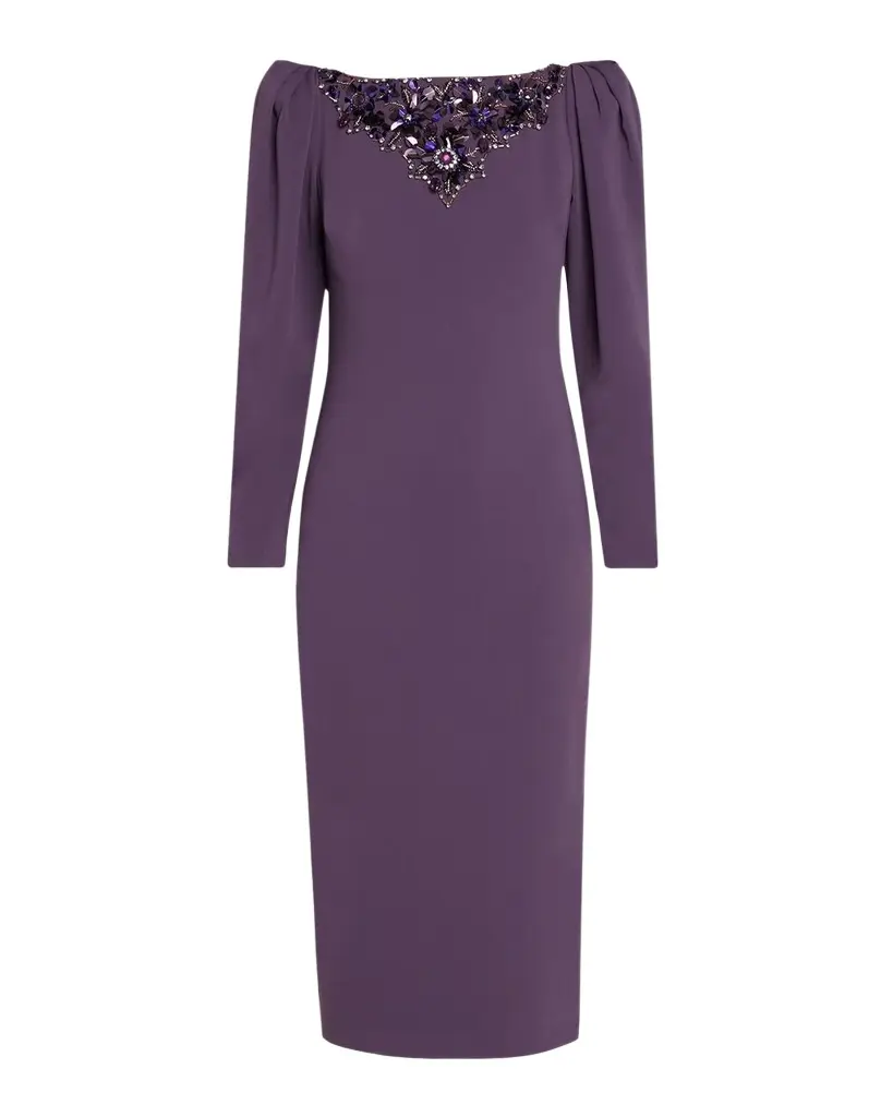 Beaded-Yoke Midi Sheath Dress