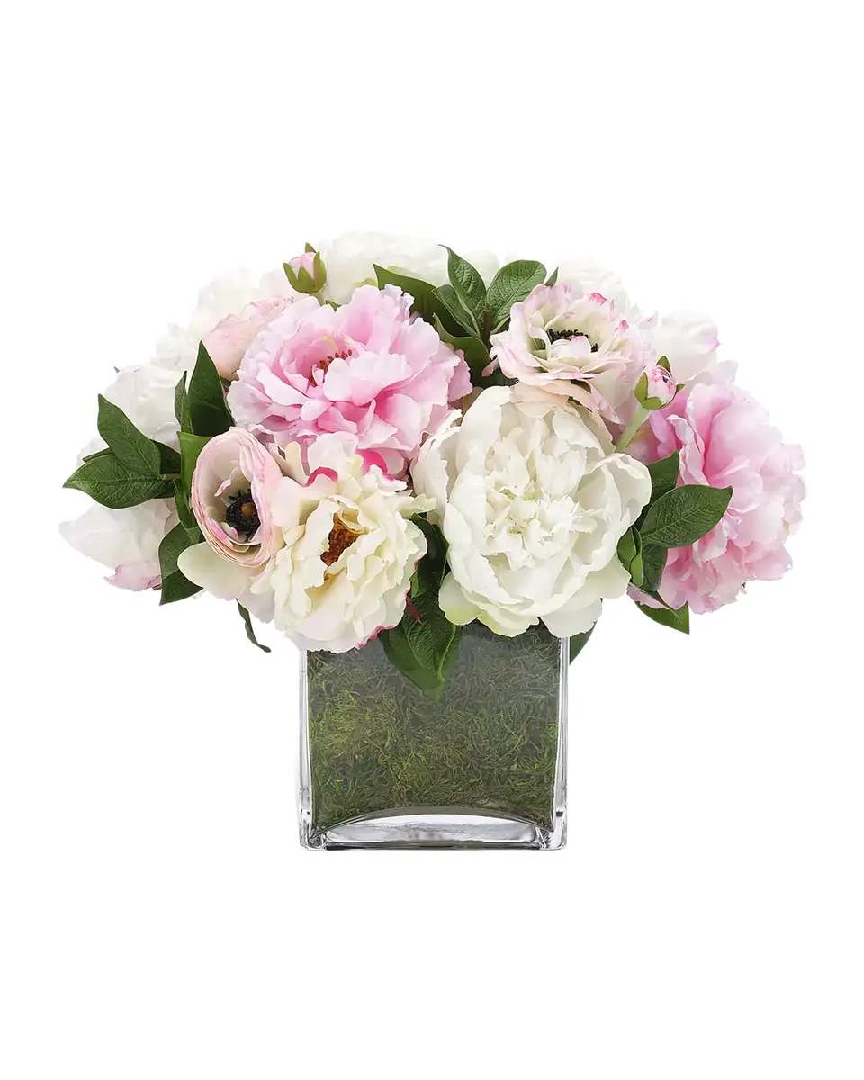 Natural Decorations Peonies & Ranunculus 11" Faux Floral Arrangement in Moss Glass Cube | Thumbnail 2 Natural Decorations Peonies & Ranunculus 11" Faux Floral Arrangement in Moss Glass Cube | Thumbnail 2