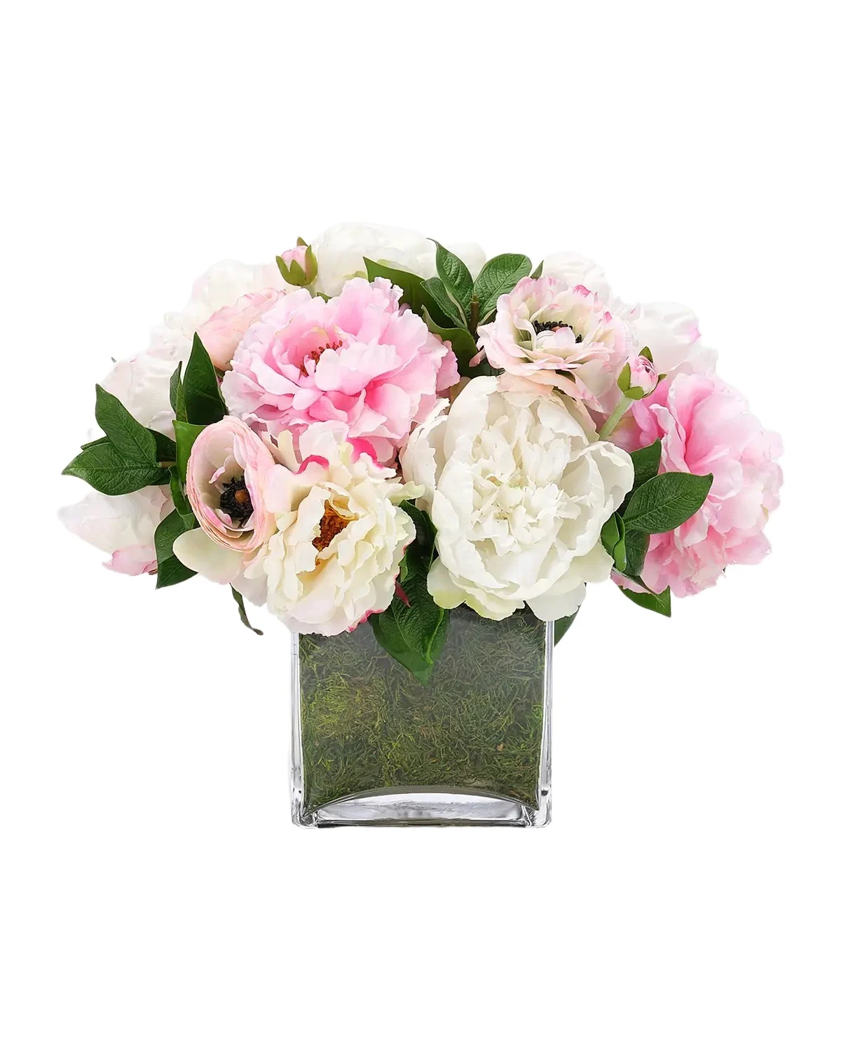 Natural Decorations Peonies & Ranunculus 11" Faux Floral Arrangement in Moss Glass Cube