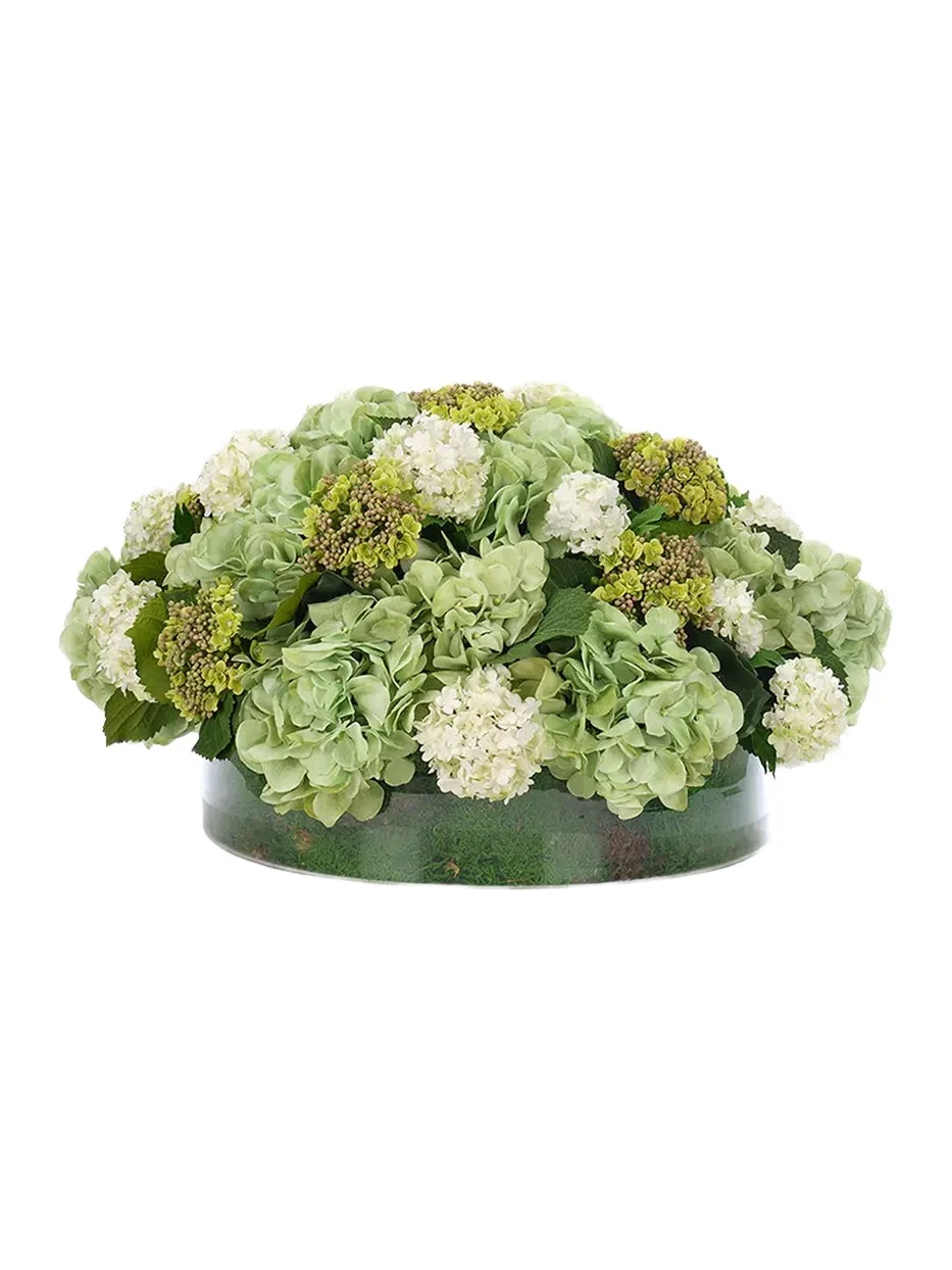 Natural Decorations Snowball Hydrangeas 8" Faux Floral Arrangement in Moss Glass Vase